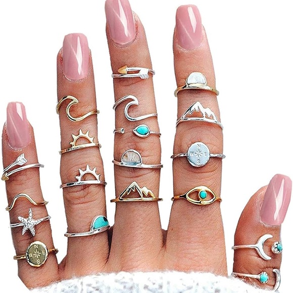 RETRO BOHO 19 Pc Knuckle Ring Set Stackable Midi Finger Rings ~ Cottage Whimsy - Picture 4 of 7